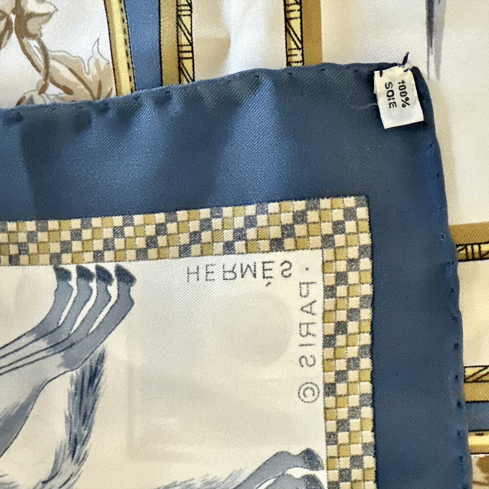 VINTAGE HERMES SCARF HARNAIS FRANCAIS BLUE 100% SILK - Picture 12 of 16